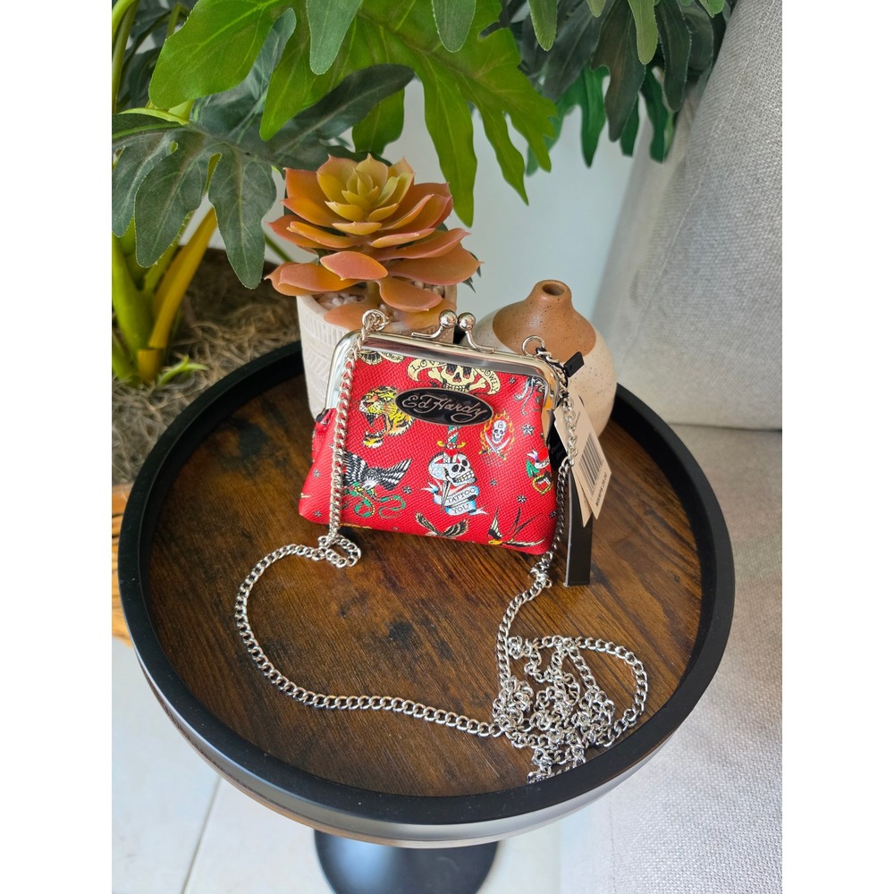 Ed Hardy Red Tattoo Print Kiss Lock Crossbody Bag Mini Purse New With Tags